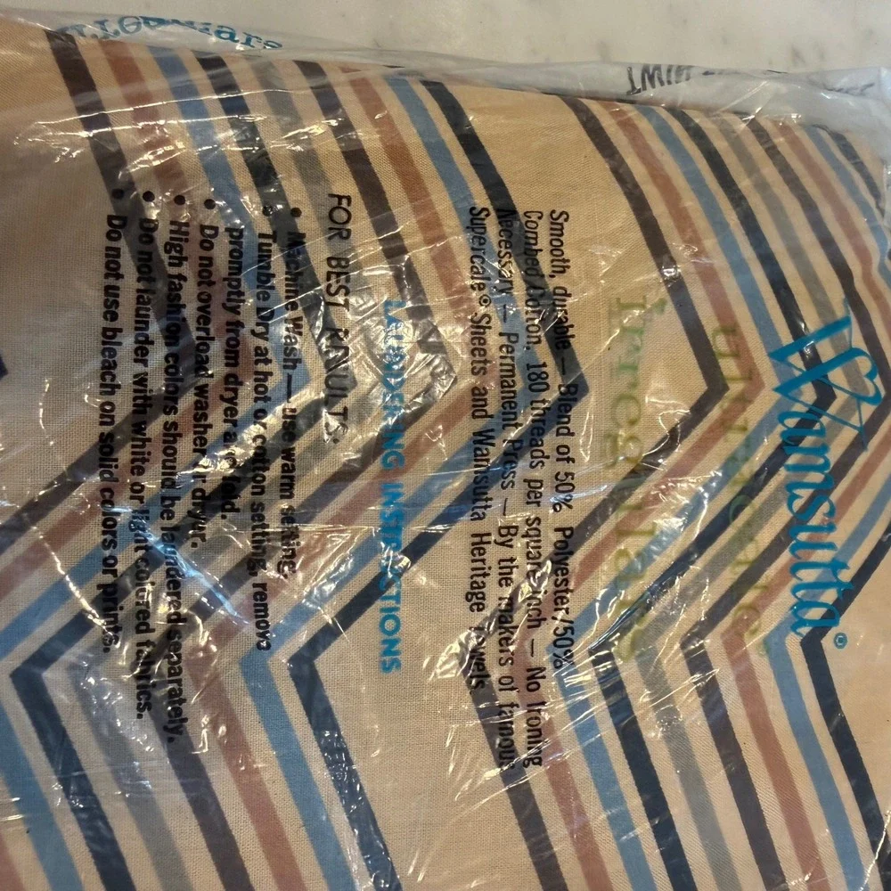 Vintage Wamsutta Ultracale Twin Fitted Sheet Chevron Zig Zag Tan Blue Brown 70s‎